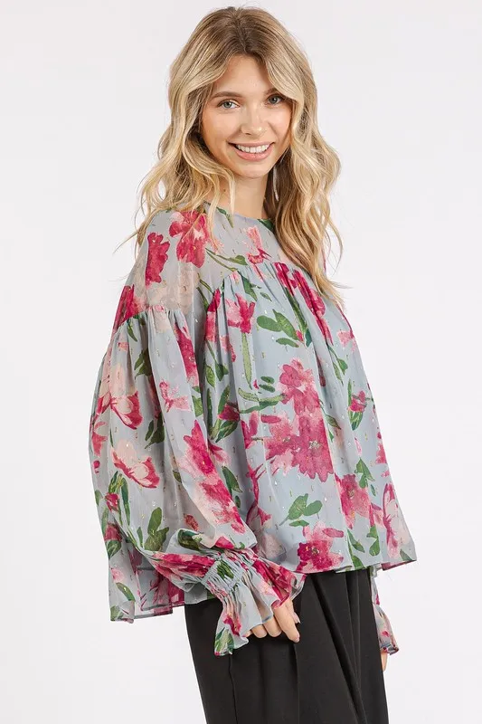 Floral Round Neck Flounce Sleeve Blouse, image 2