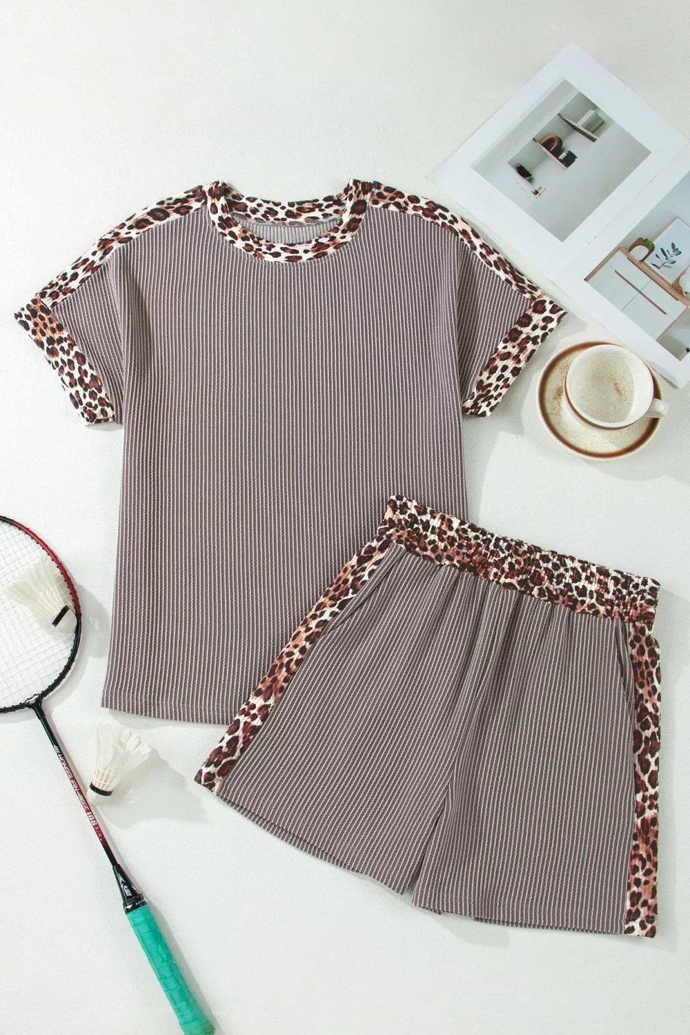 Leopard Trim Ribbed Knit Tee and Shorts Set, image 3