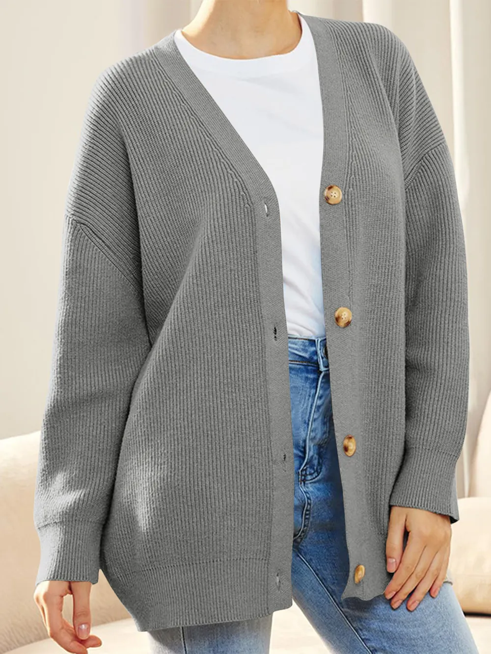 Button Down V-Neck Long Sleeve Cardigan, image 12