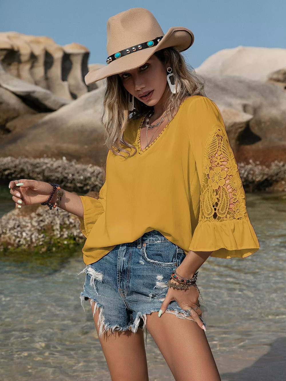 Plus Size Lace Sleeve V-Neck Blouse, image 17