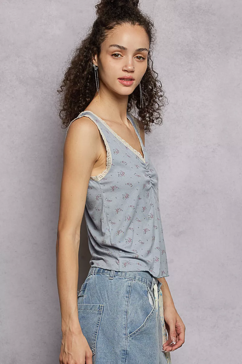 Ruched Floral V-Neck Tank with Lace Detail, image 3