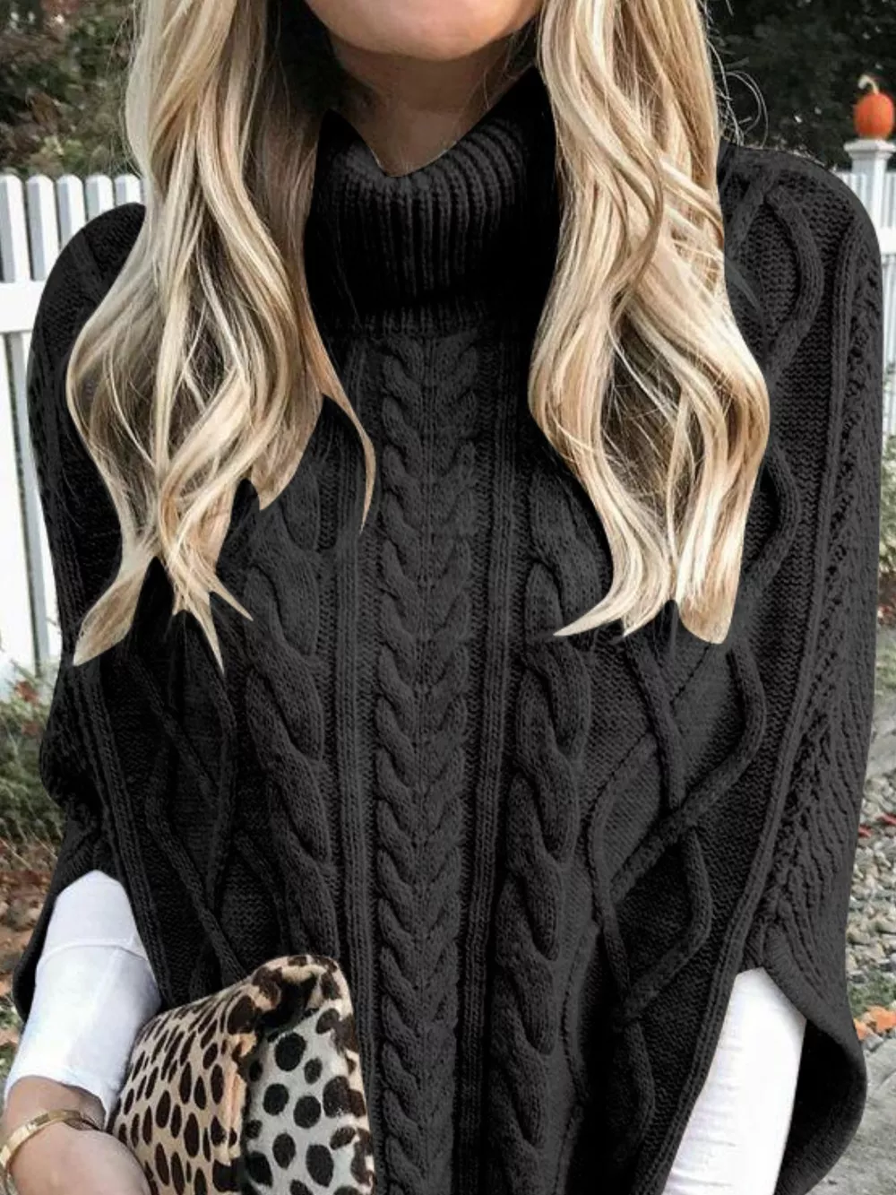 Chunky Cable Knit Turtleneck Poncho Cover Up, image 2