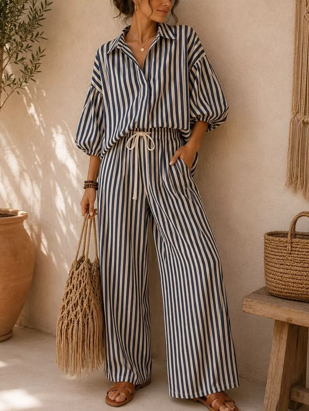 Full Size Striped Relaxed Fit Shirt and Wide-Leg Pants Set Plus Size, image 6