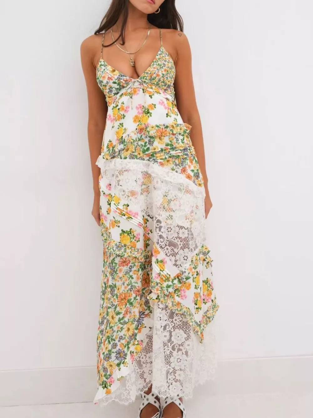 Lace Floral Print Ruffle Trim Maxi Dress, image 16