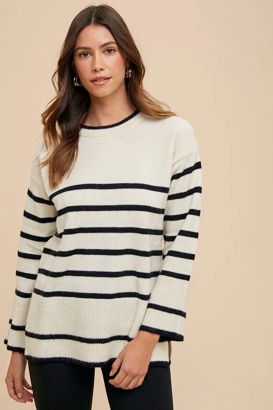 Side Slit Striped Round Neck Sweater, image 4