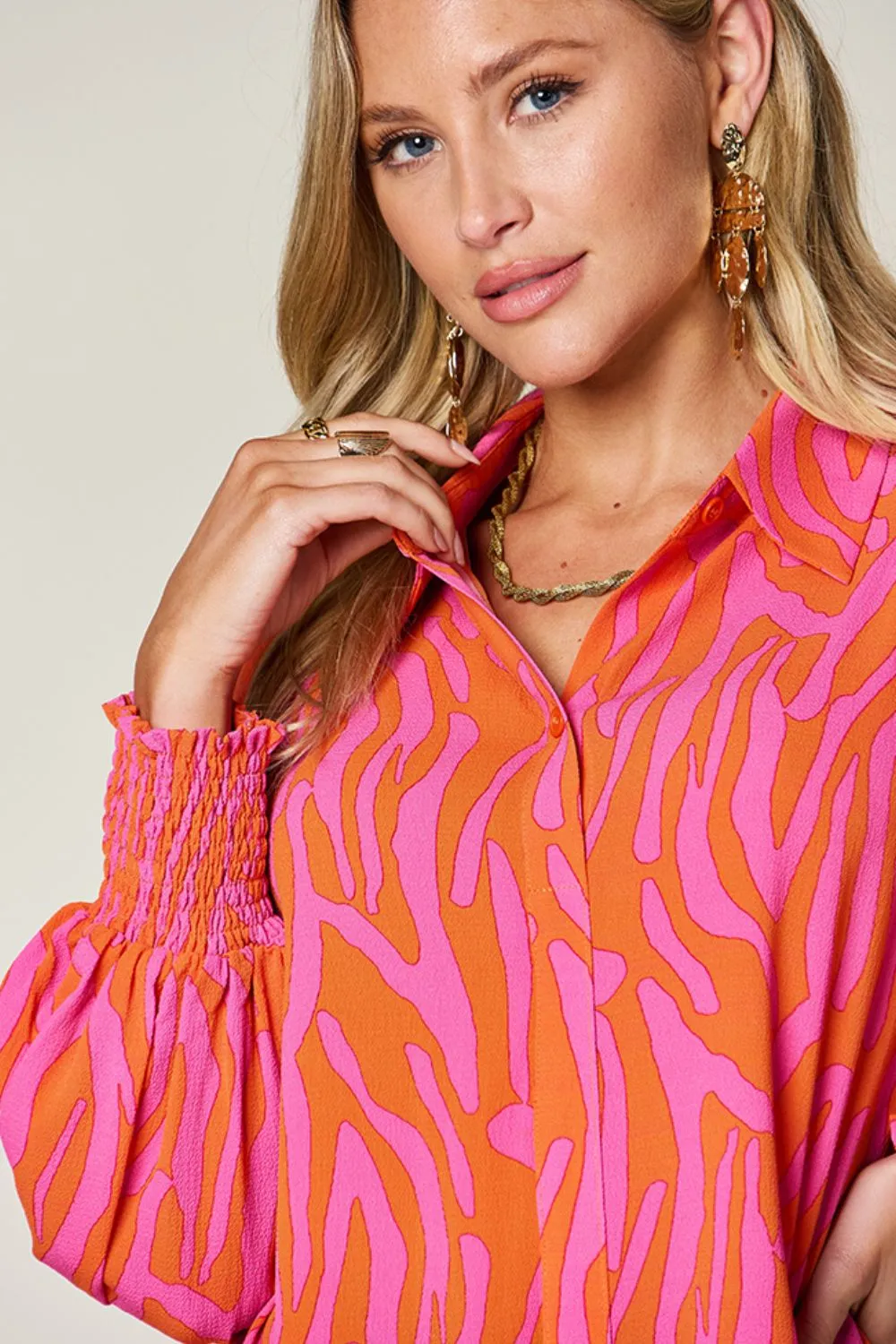 Full Size Printed Smocked Long Sleeve Blouse Plus Size, image 31