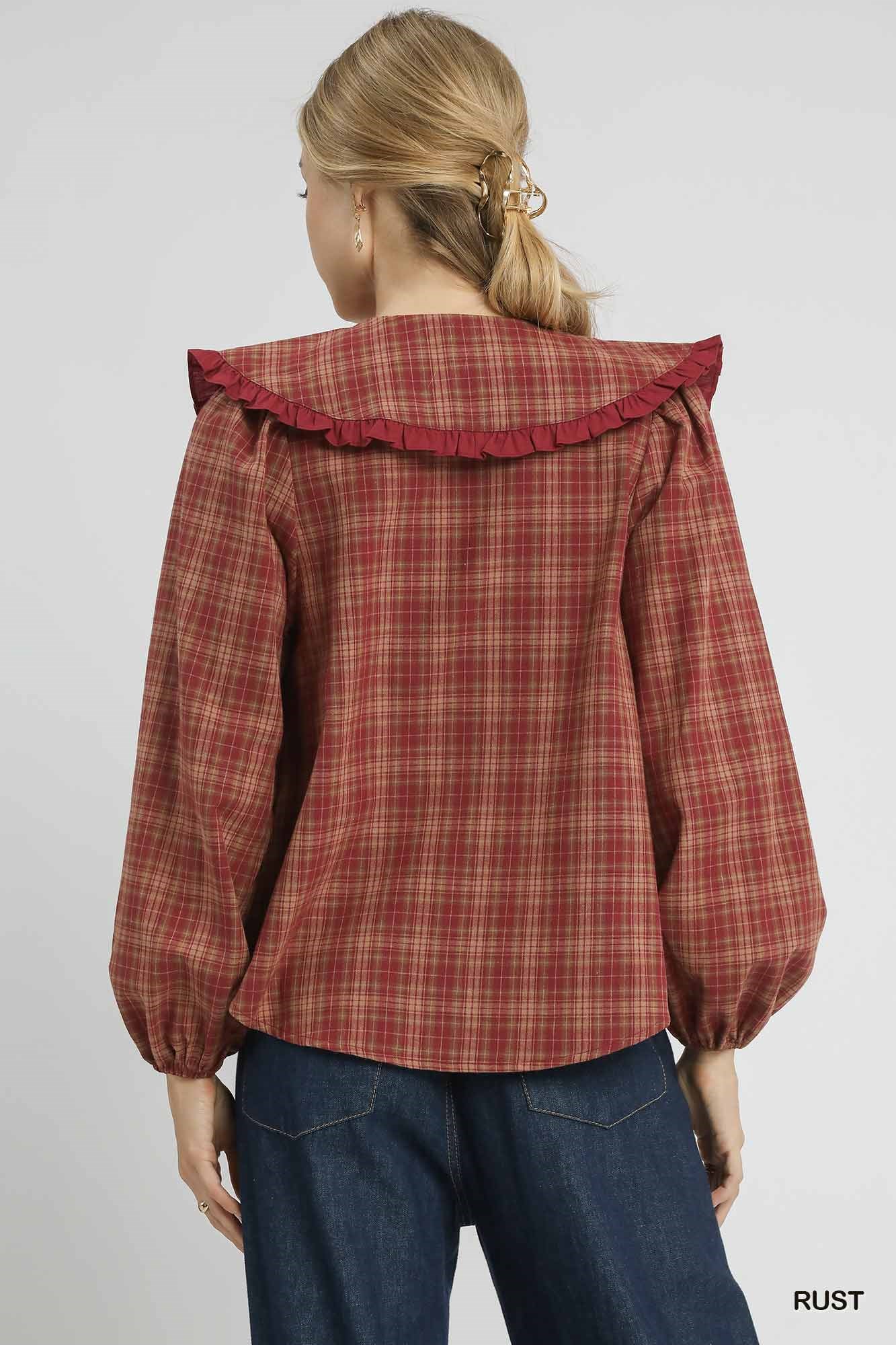 Full Size Plaid Ruffle Collar Blouse Plus Size, image 2