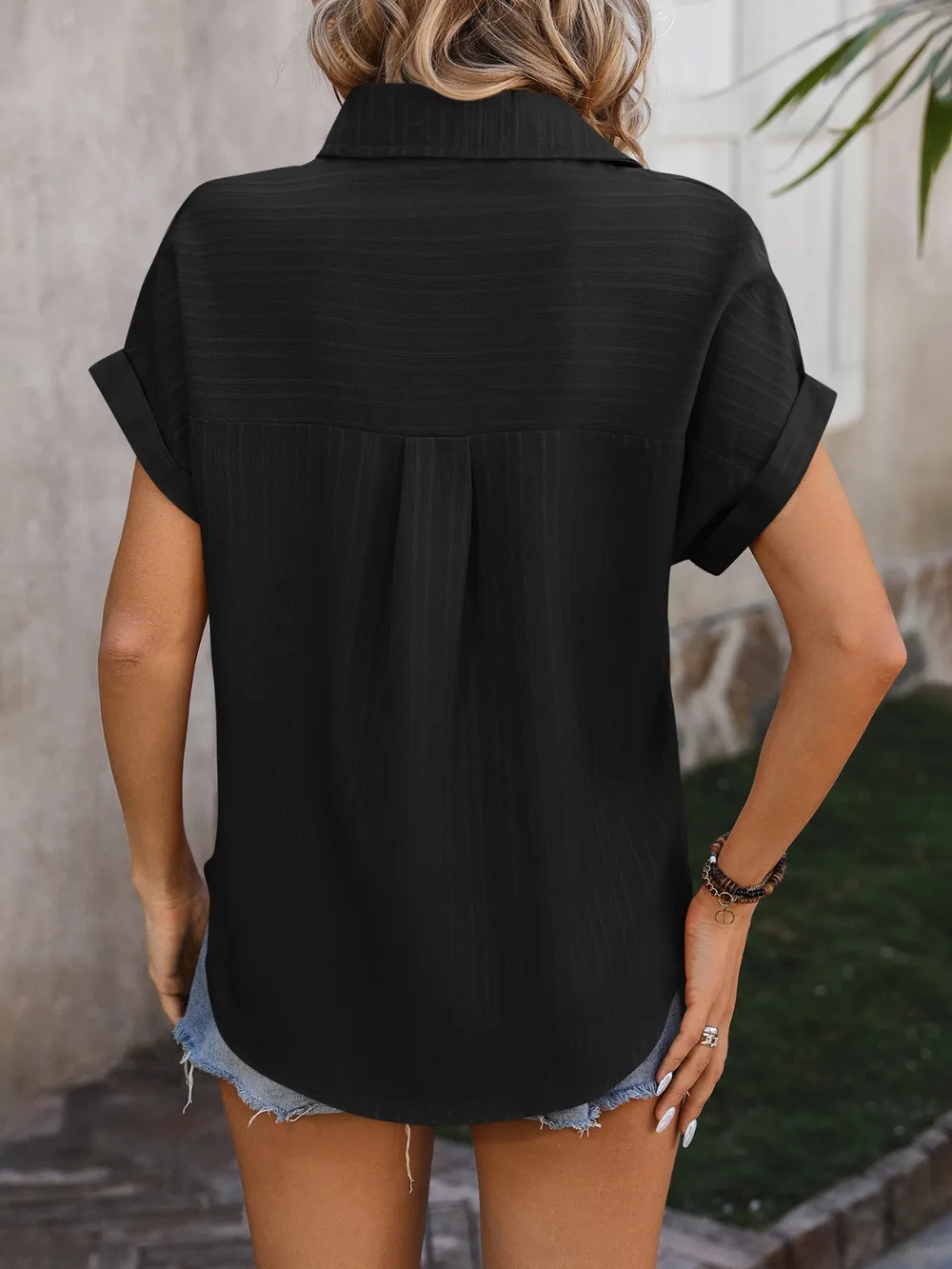 Textured Button Up Cap Sleeve Shirt, image 8