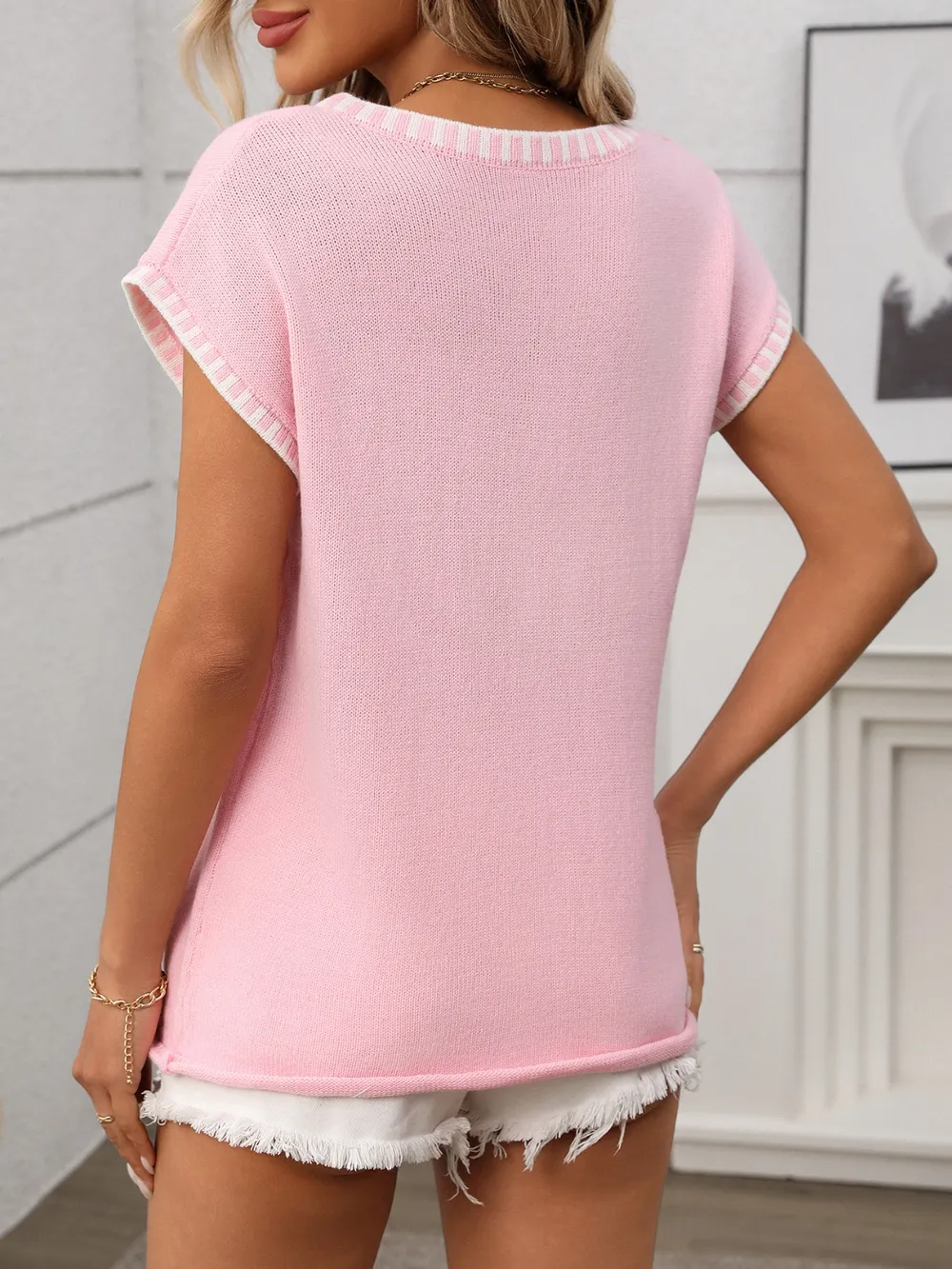 Contrast Trim V-Neck Short Sleeve Knit Top, image 5
