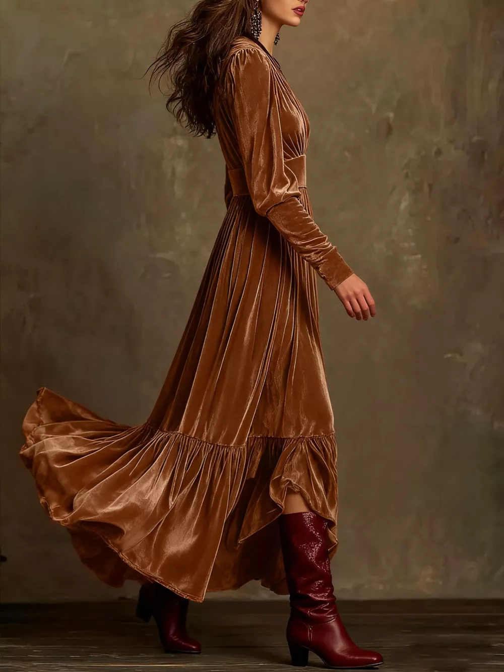 Elegant Velvet V-Neck Long Sleeve Maxi Dress, image 2