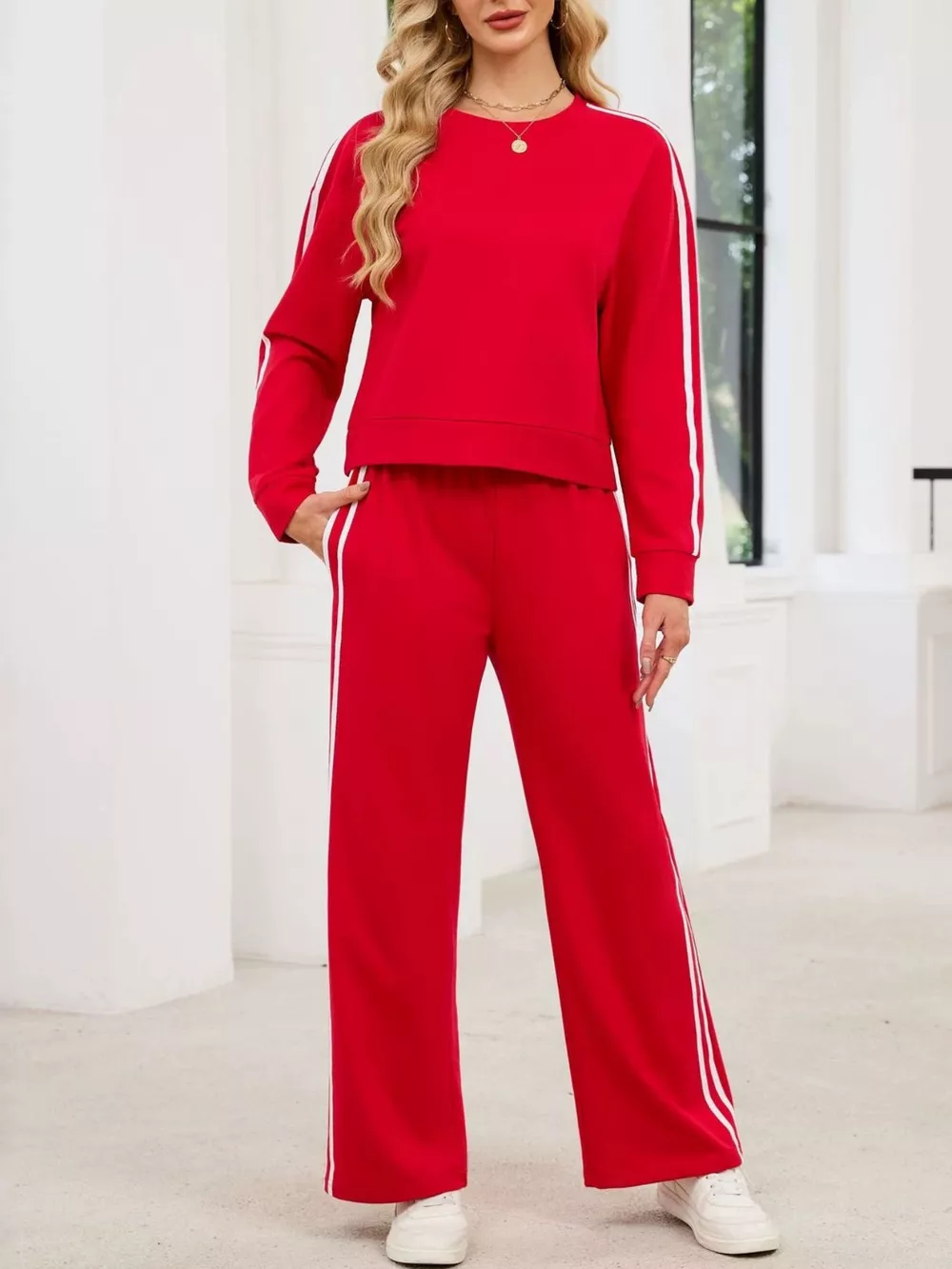 Striped Round Neck Sweatshirt and Pants Set, image 12