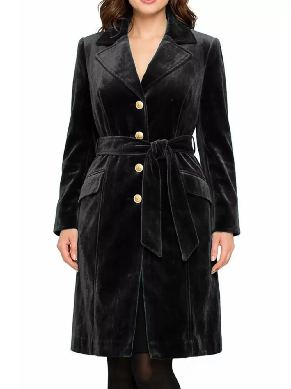 Single-Breasted Velvet Trench Coat with Gold Buttons, image 5