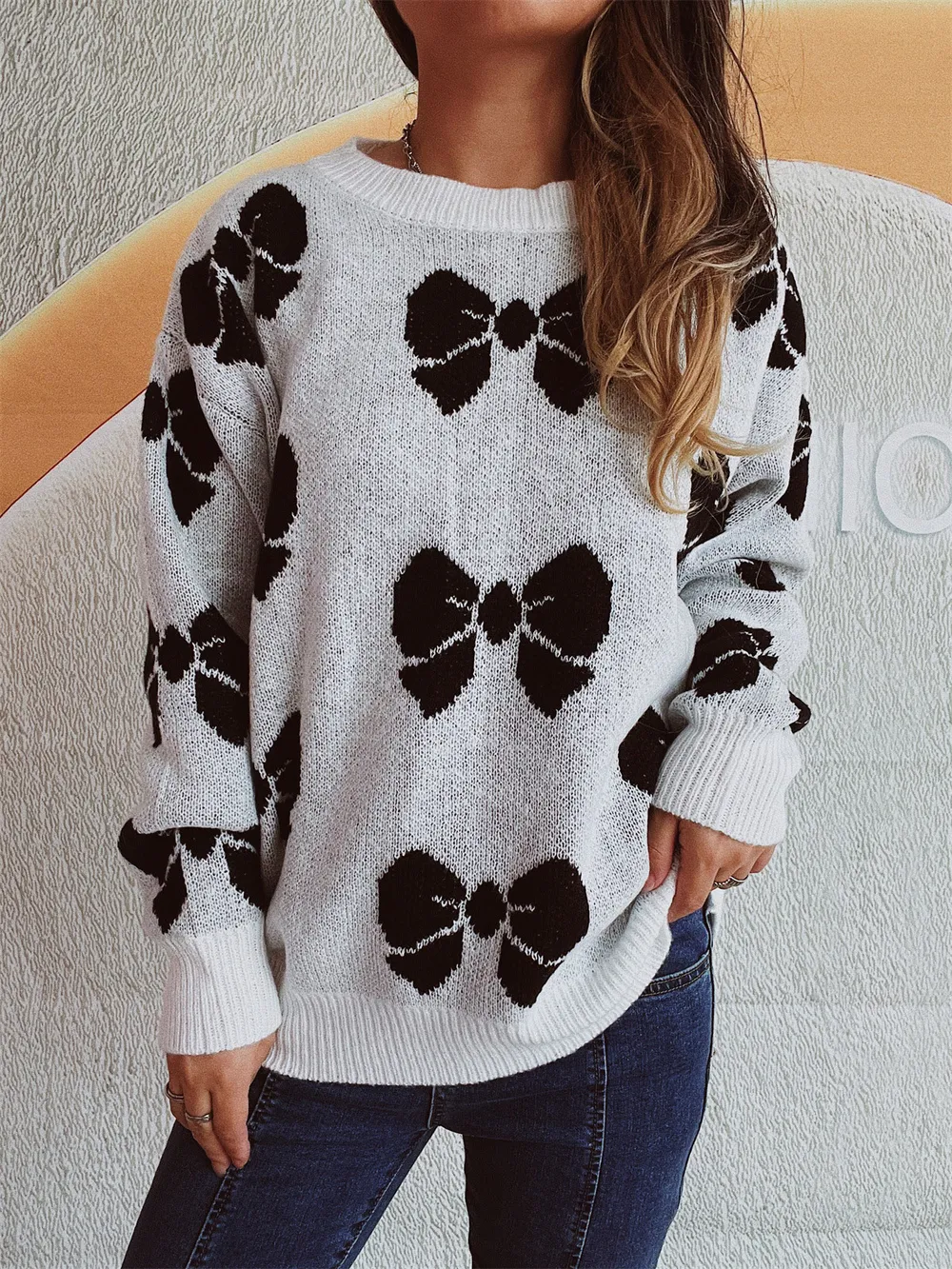 Bow Round Neck Dropped Shoulder Sweater, image 3