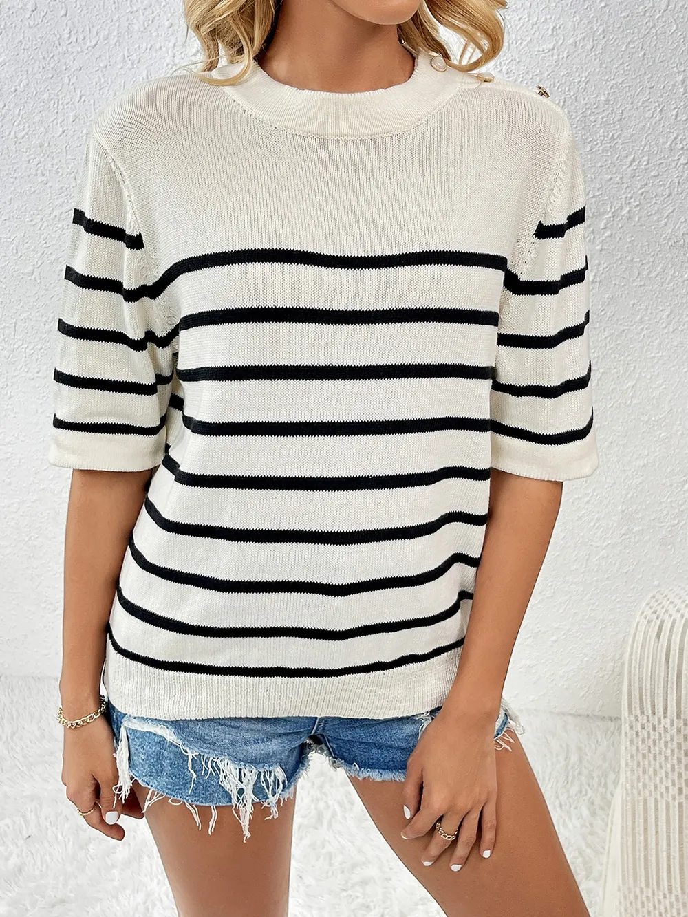 Striped Round Neck Half Sleeve Knit Top, image 14