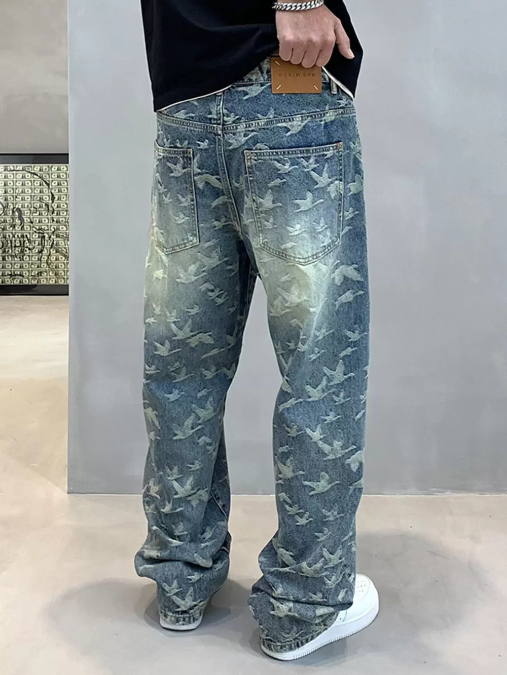 Men's Vintage Bird Print Loose Fit Jeans, image 8