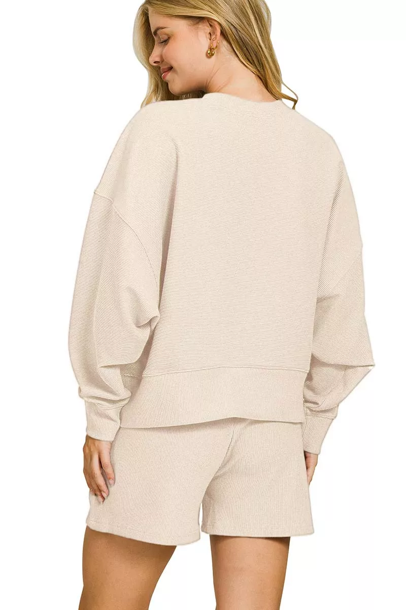 Ribbed Round Neck Pullover and Shorts Set, image 3