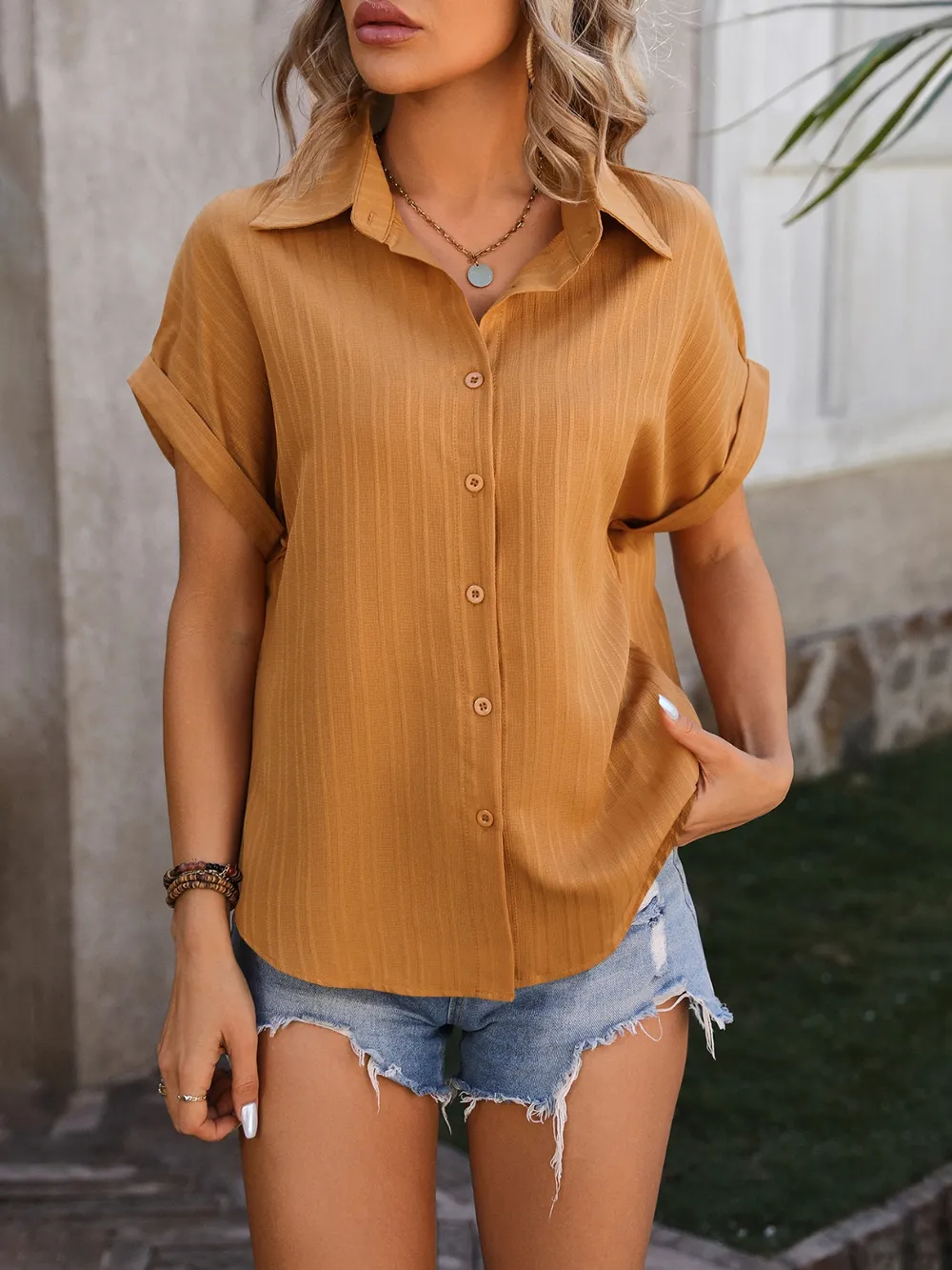 Textured Button Up Cap Sleeve Shirt, image 10