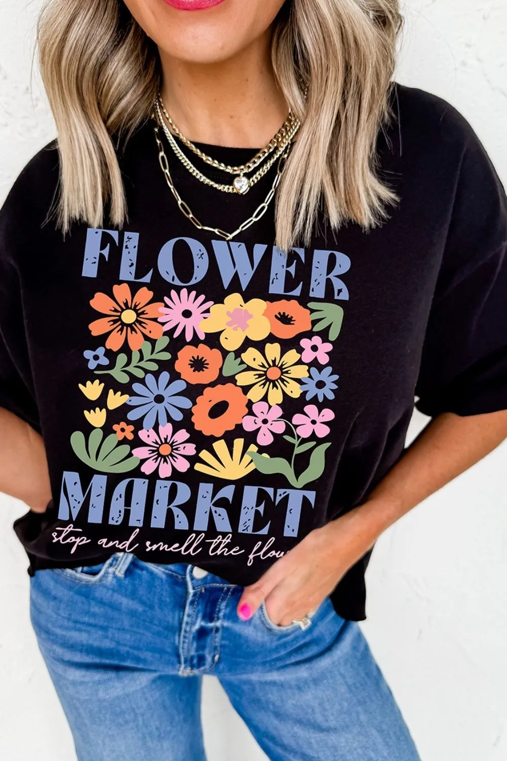 Flower Market Graphic Round Neck T-Shirt, image 2