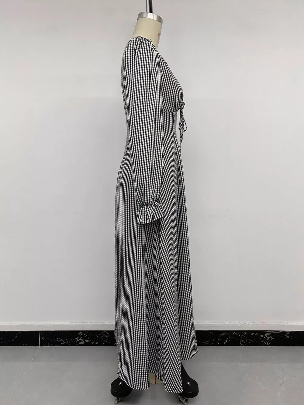 Gingham Lace-Trim V-Neck Long Sleeve A-Line Maxi Dress, image 13