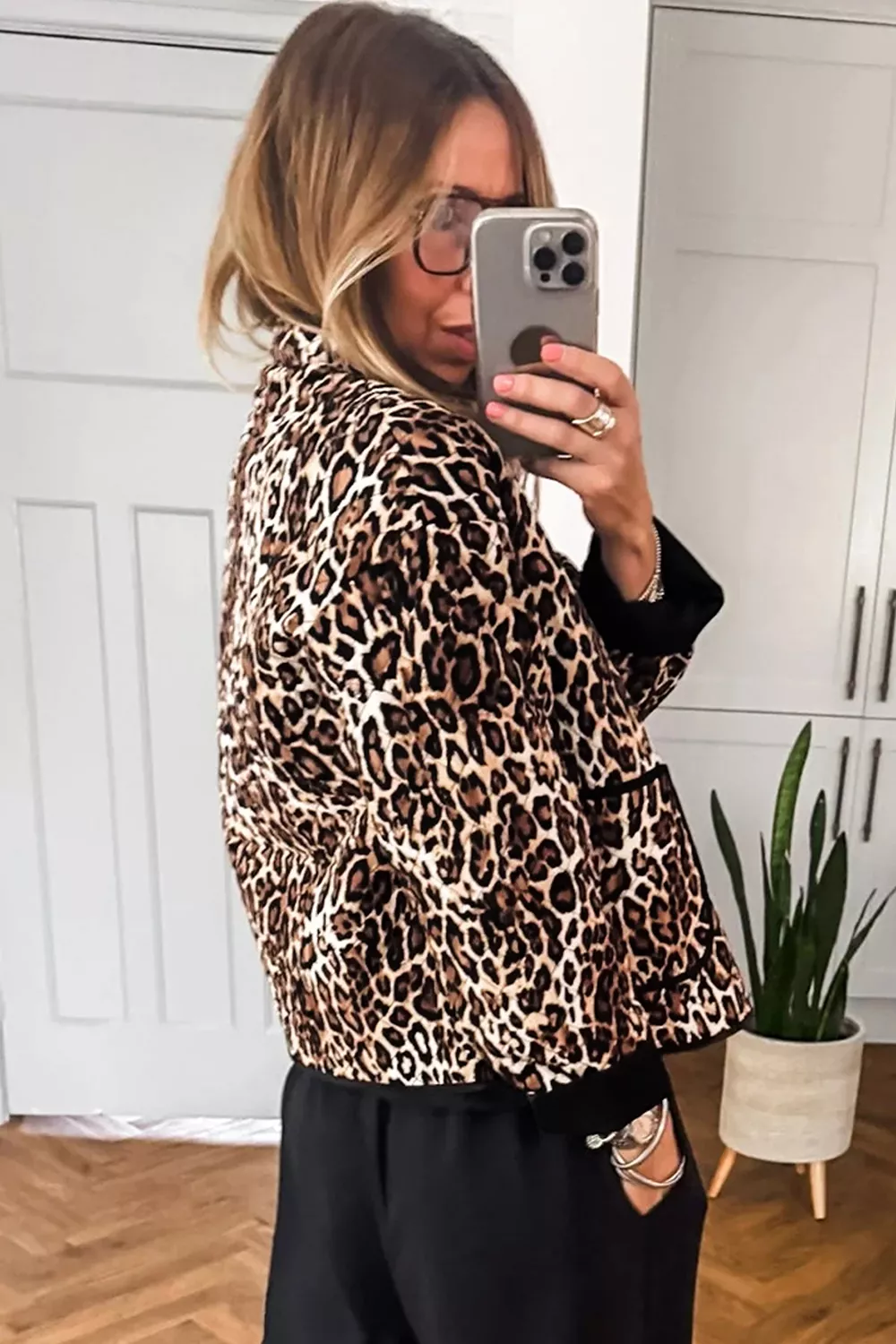 Leopard Print Quilted Button Front Patch Pockets Jacket, image 2