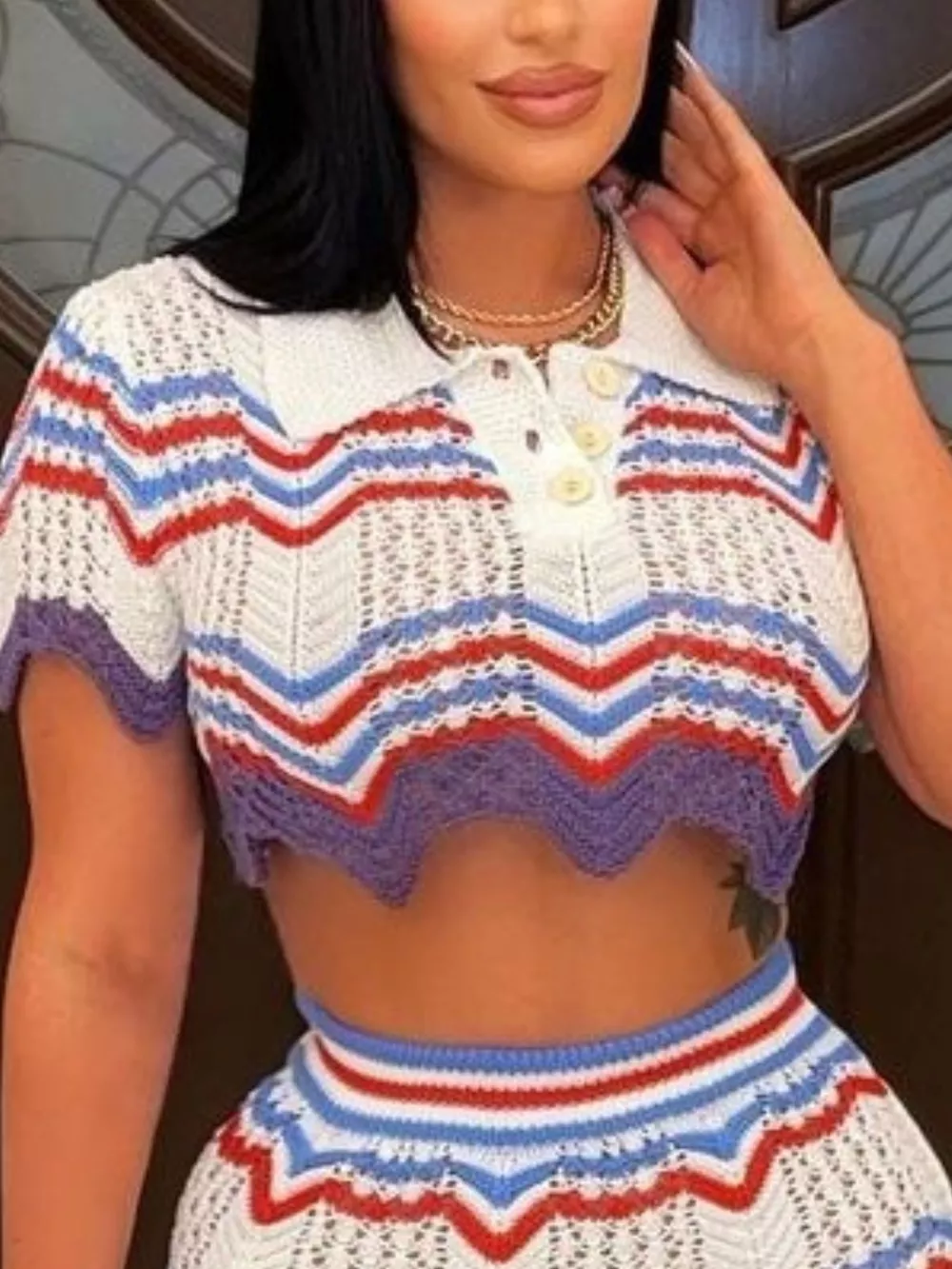 Chevron Knit Polo Crop Top and Mini Skirt Set, image 5