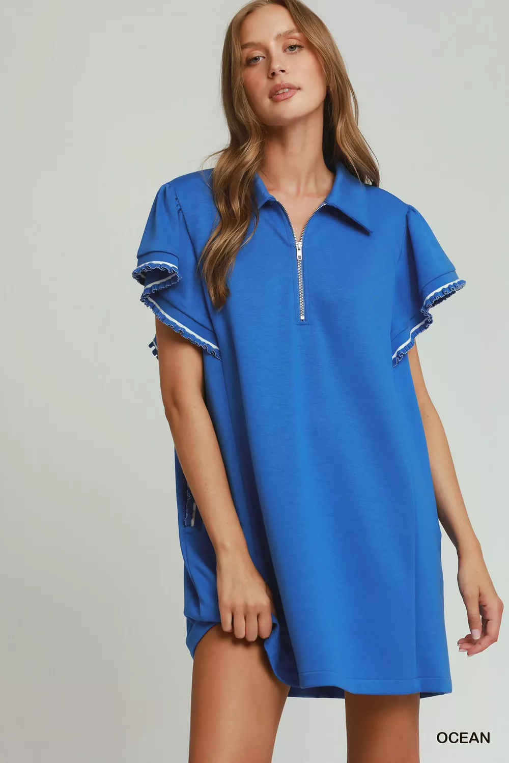 Half Zip Ruffle Rib Band Butterfy Sleeve Mini Dress with Pockets