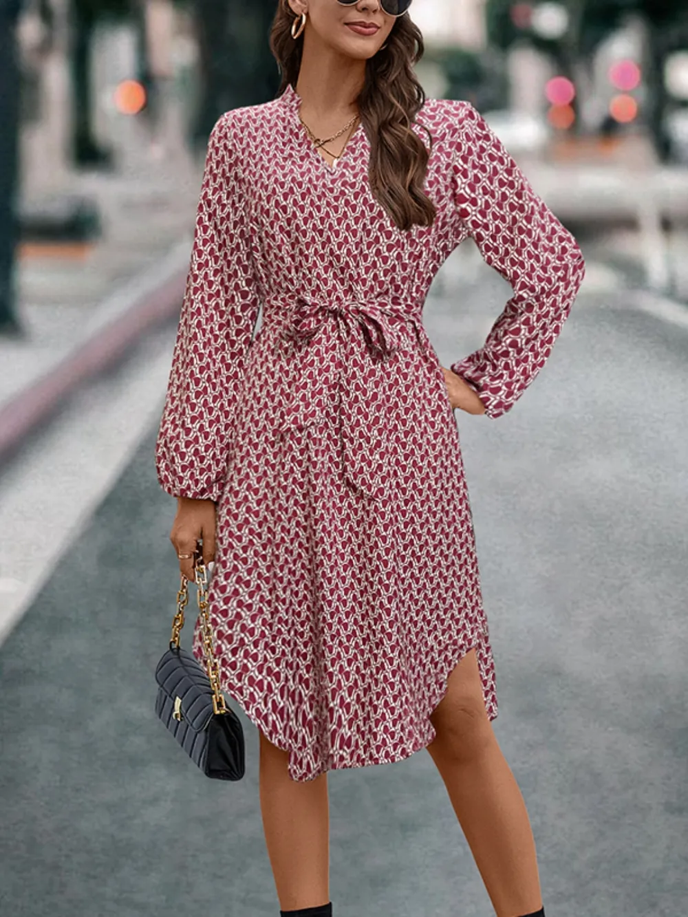 Tied Printed Notched Balloon Sleeve Dress, image 2