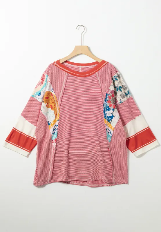 Striped Floral Patchwork Round Neck Top, image 6