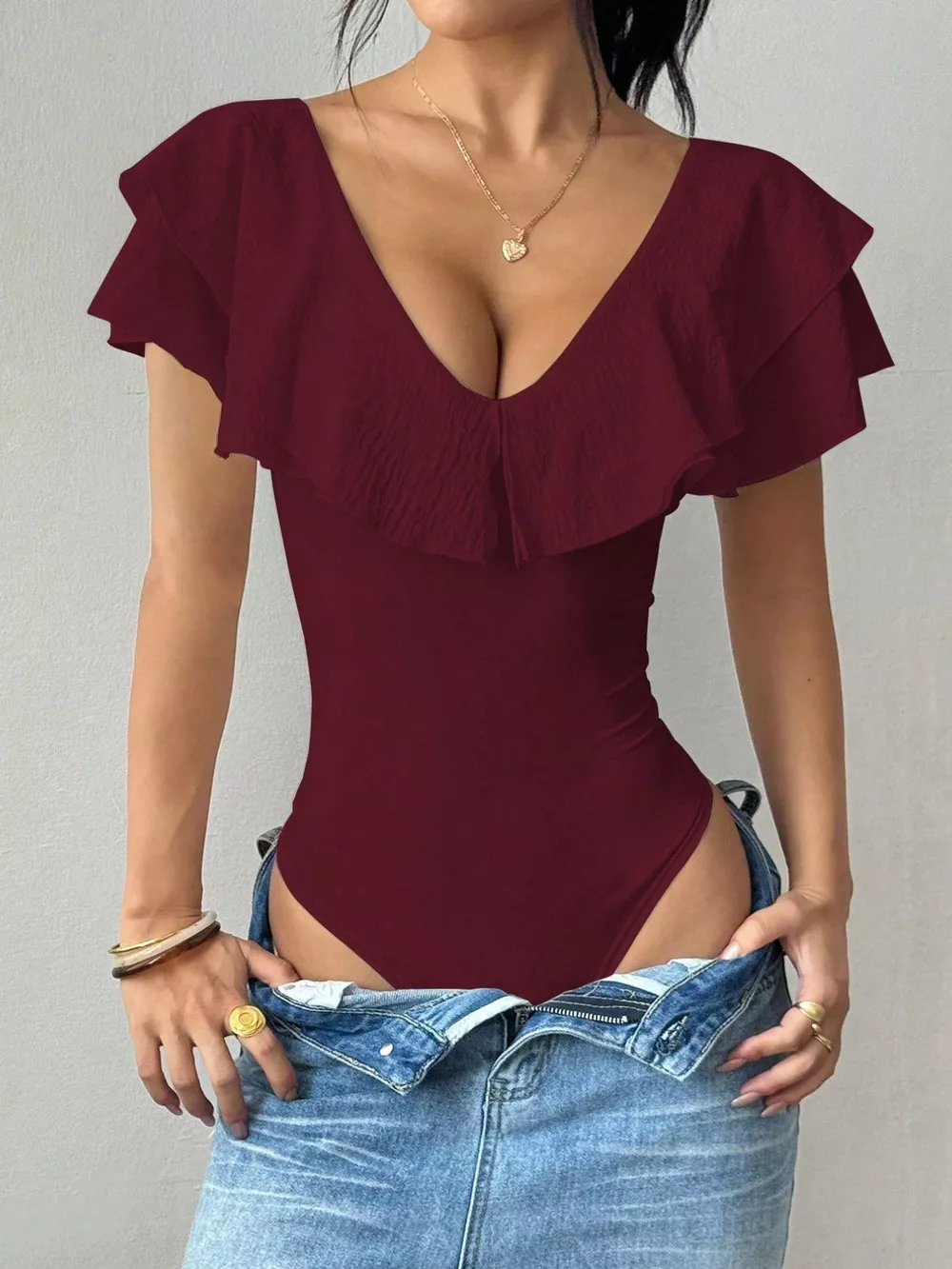 Ruffle Trim V-Neck Bodysuit, image 15