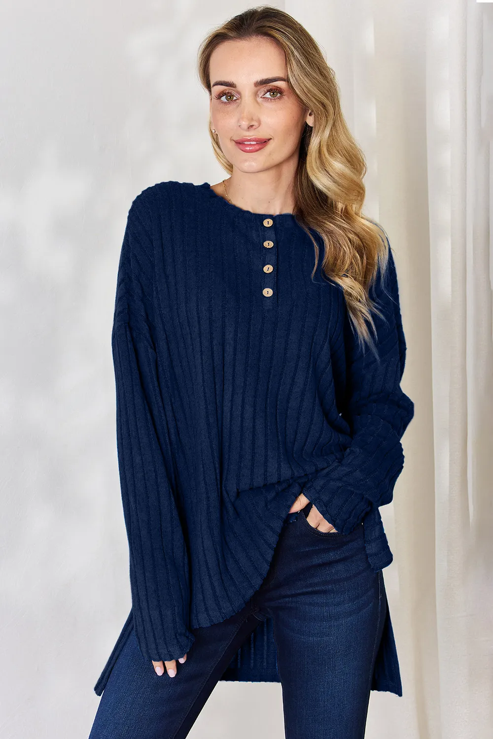 Full Size Ribbed Half Button Long Sleeve High-Low T-Shirt, image 6