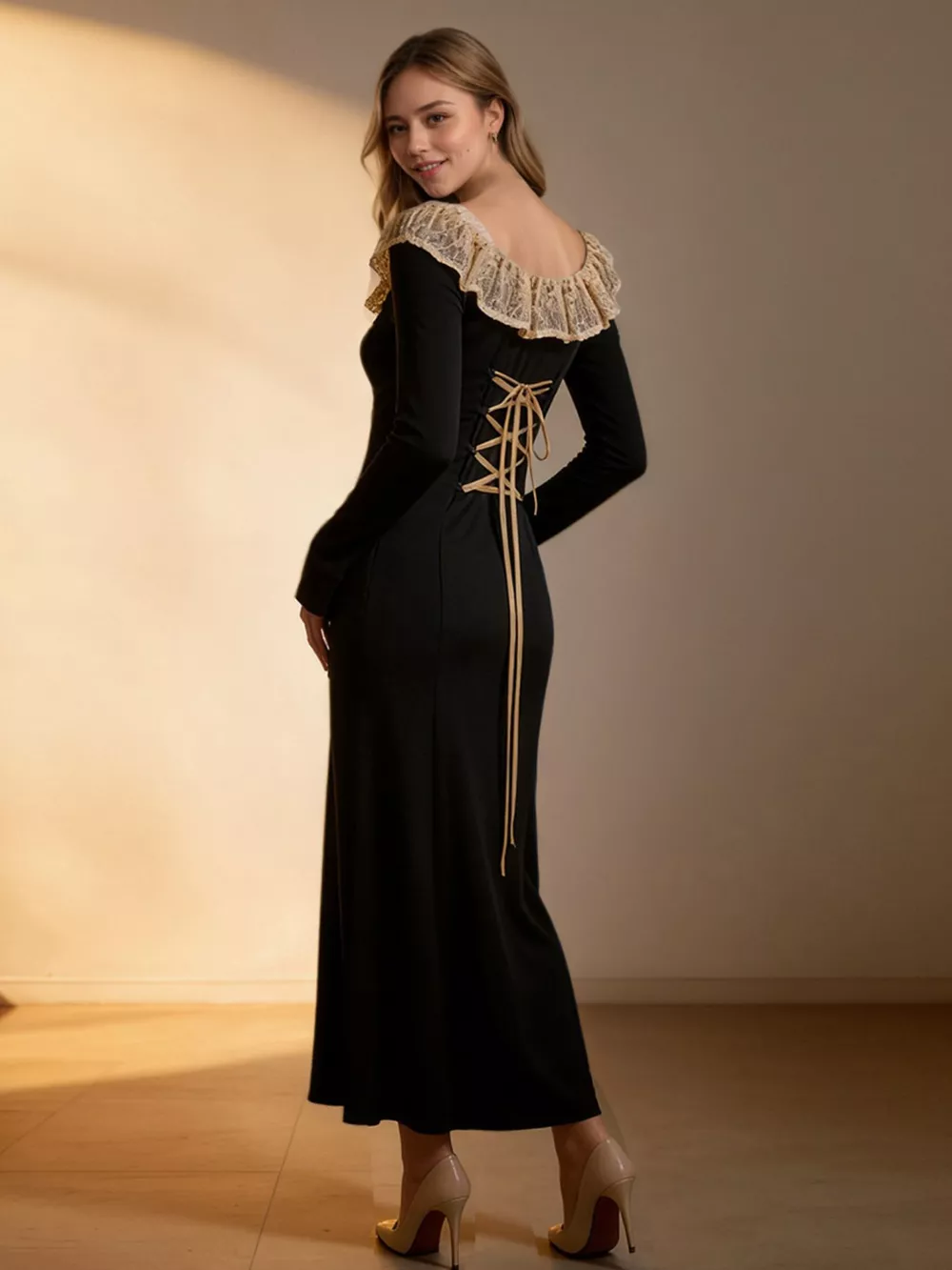 Lace Collar Long Sleeve Dress, image 2