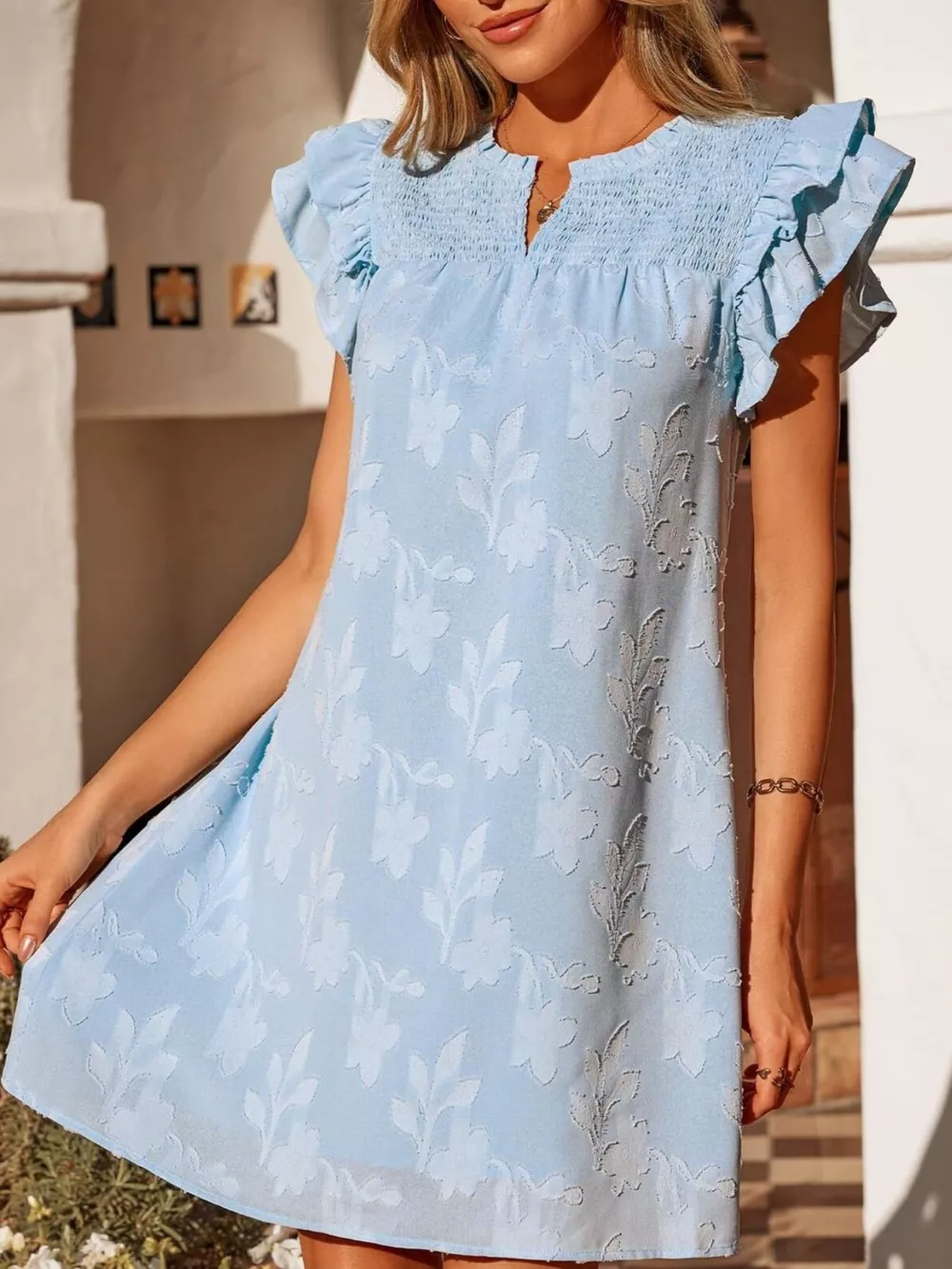 Floral Embossed Ruffle Sleeve Mini Dress, image 18