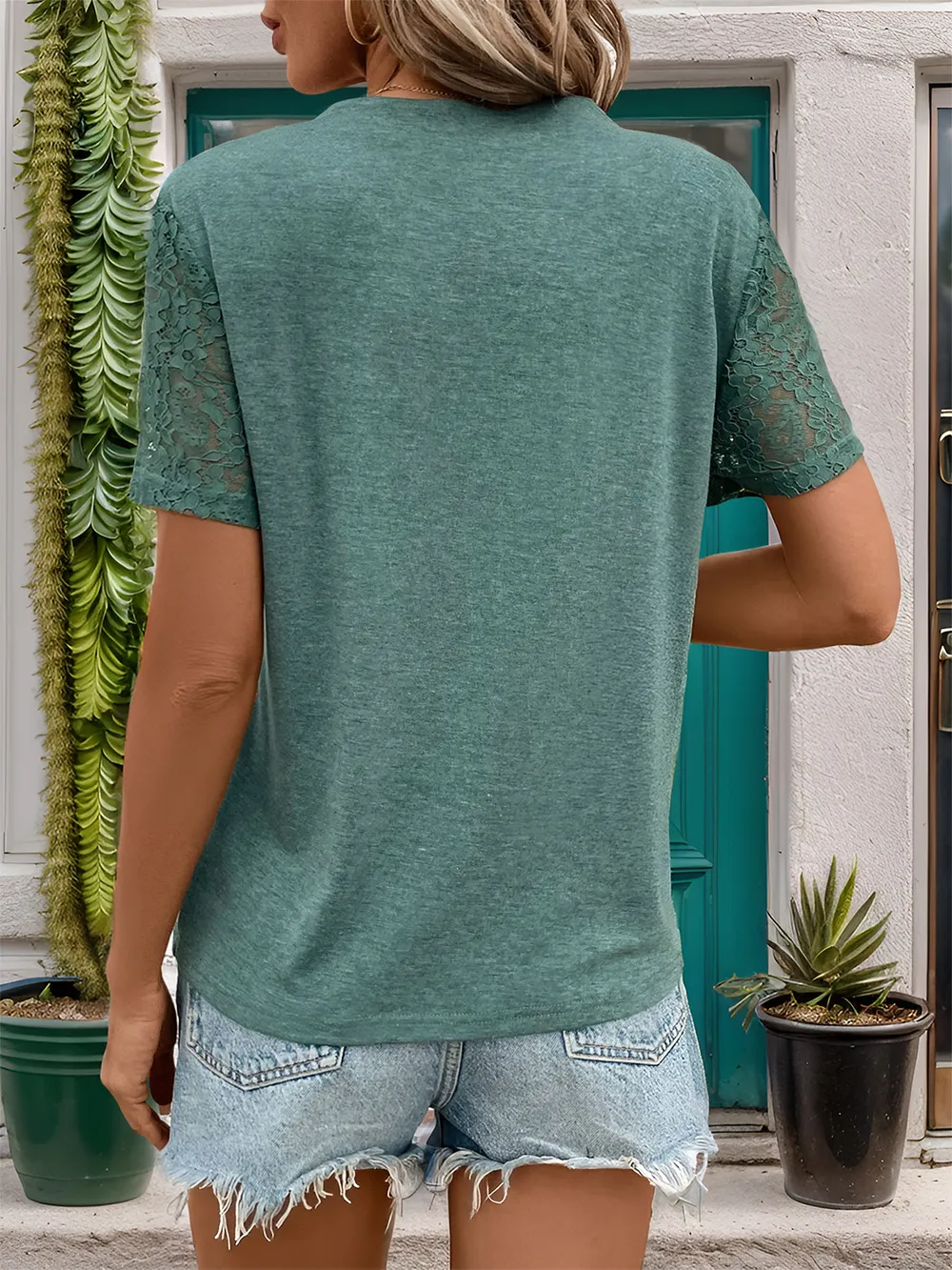 Lace Detail Notched Short Sleeve T-Shirt, image 2