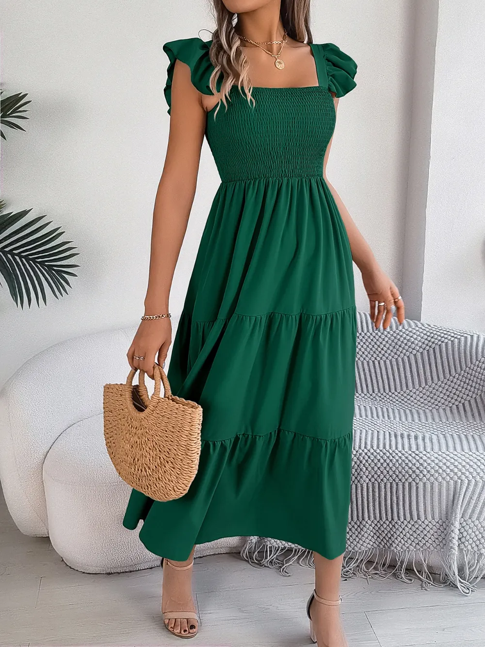Smocked Square Neck Cap Sleeve Midi Dress, image 5
