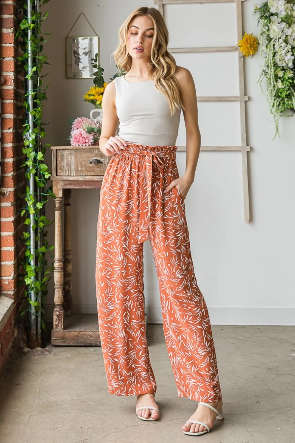 Full Size Printed Tied Straight Casual Pants, image 5