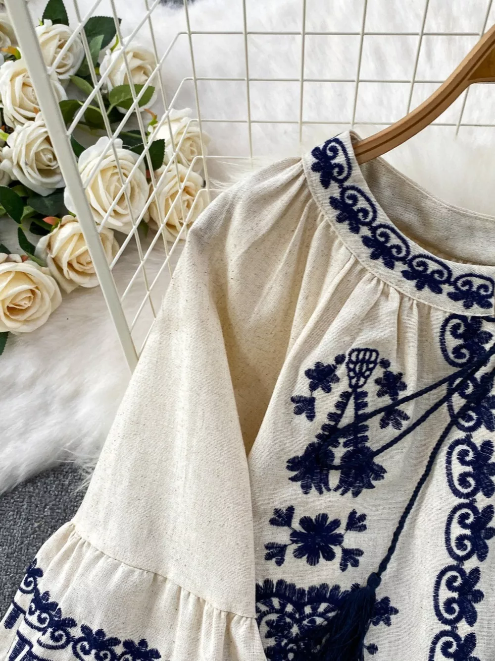 Embroidered Tie Neck Blouse, image 9