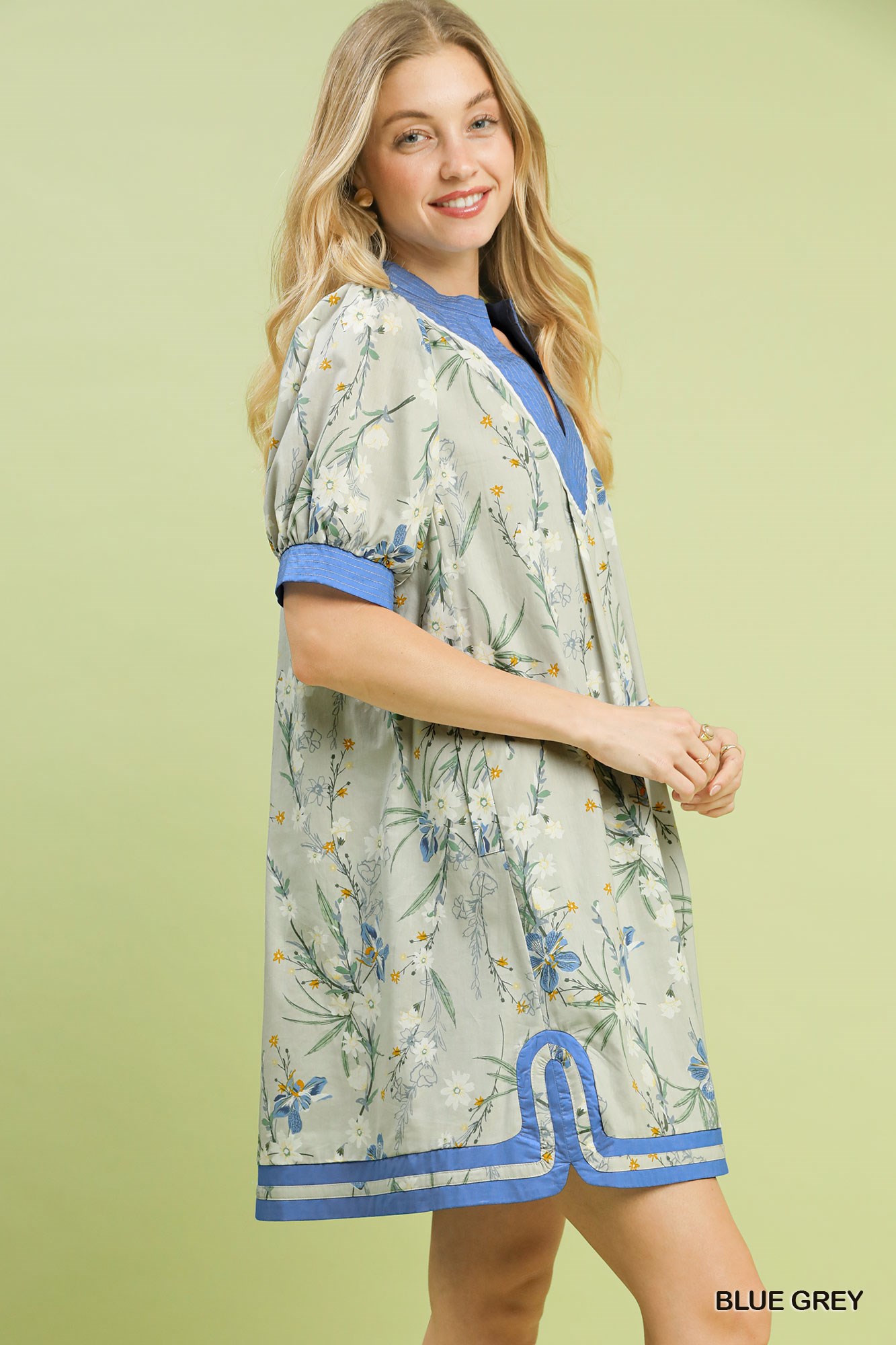 Floral Puff Sleeve Dress with Contrast Trim, image 3