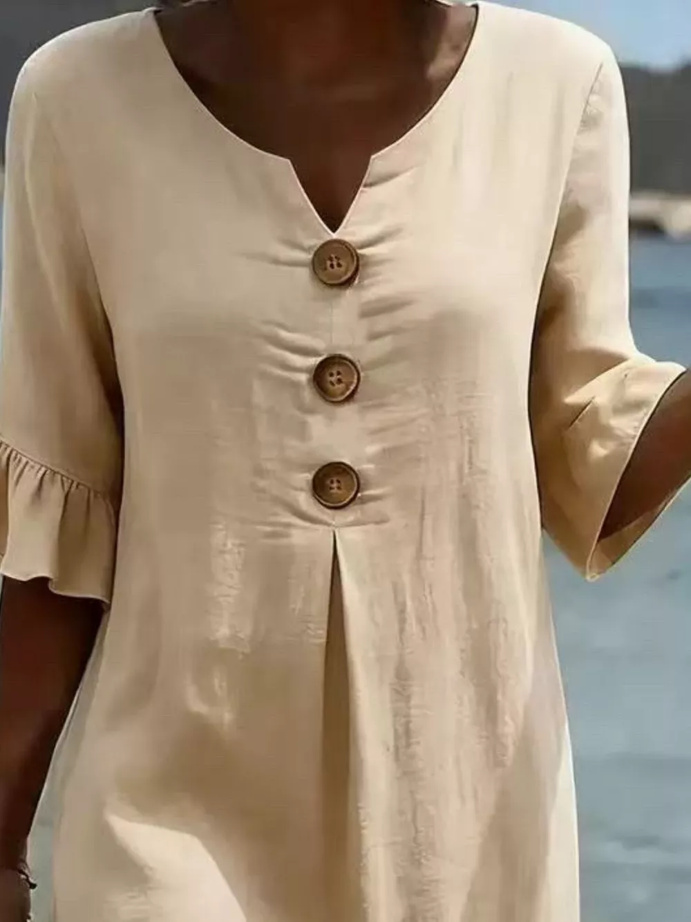 Full Size Decorative Button Ruffle Half Sleeve Dress Plus Size, image 20