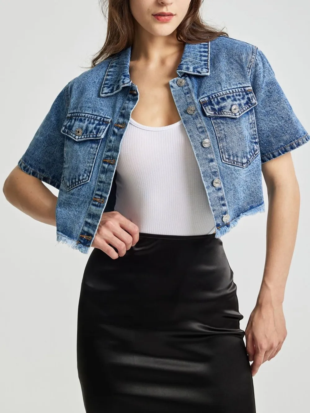 Cropped Short Sleeve Denim Jacket with Frayed Hem, image 6