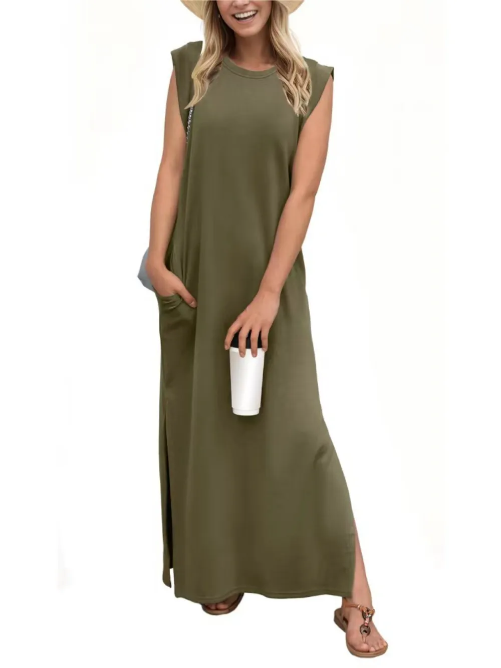 Full Size Slit Round Neck Sleeveless Maxi Tank Dress Plus Size, image 4