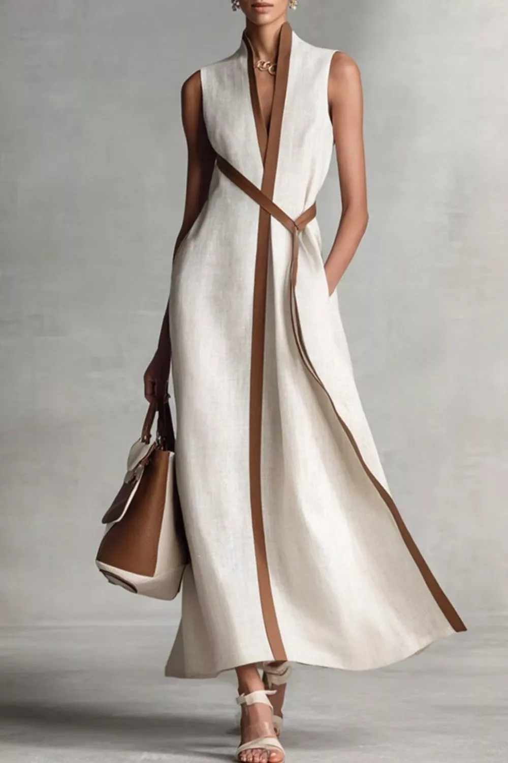 Sleeveless Contrast Trim Midi Dress, image 2