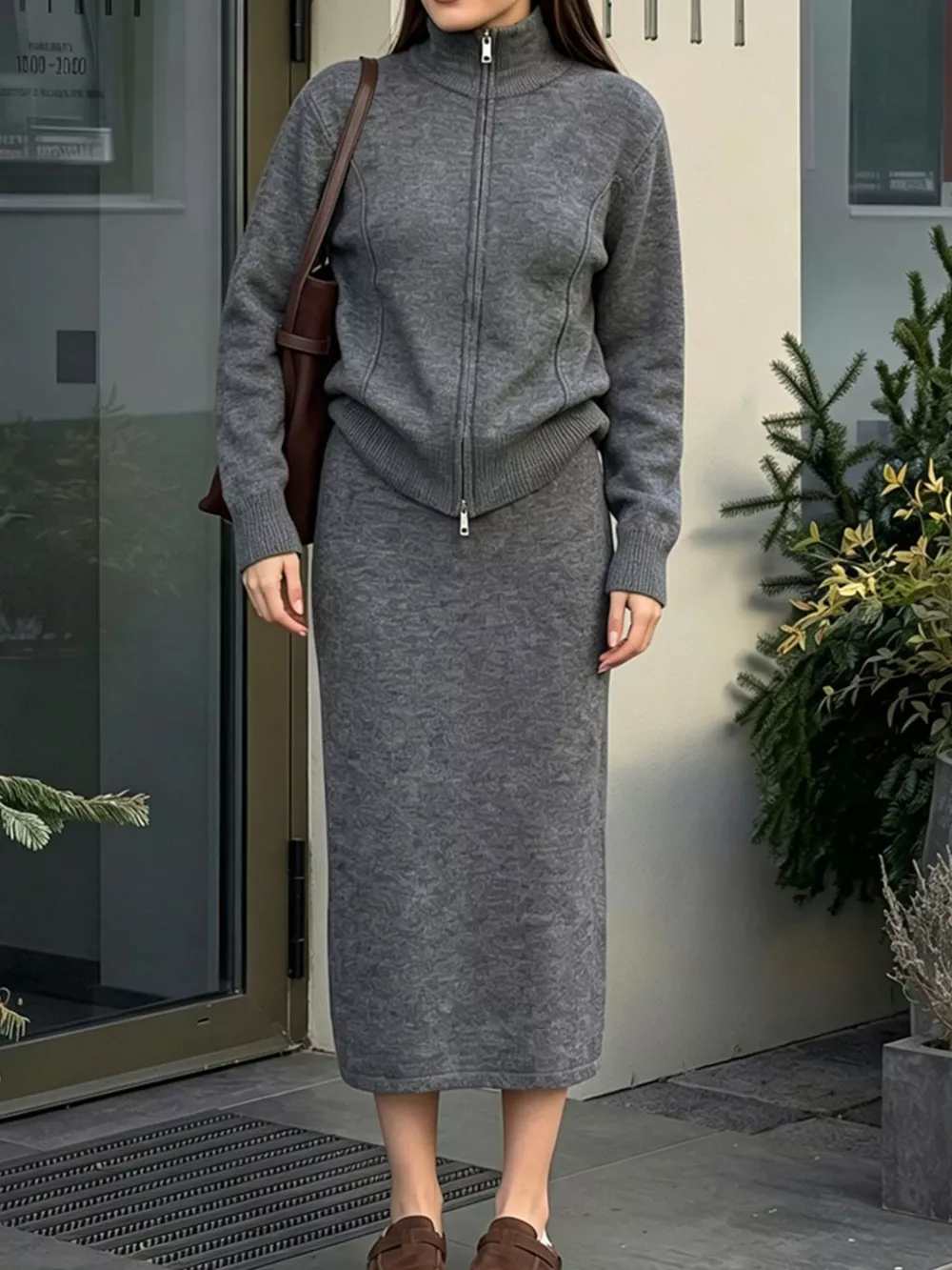 Zip-Up Mock Neck Cardigan and Matching Midi Skirt Sweater Set, image 3