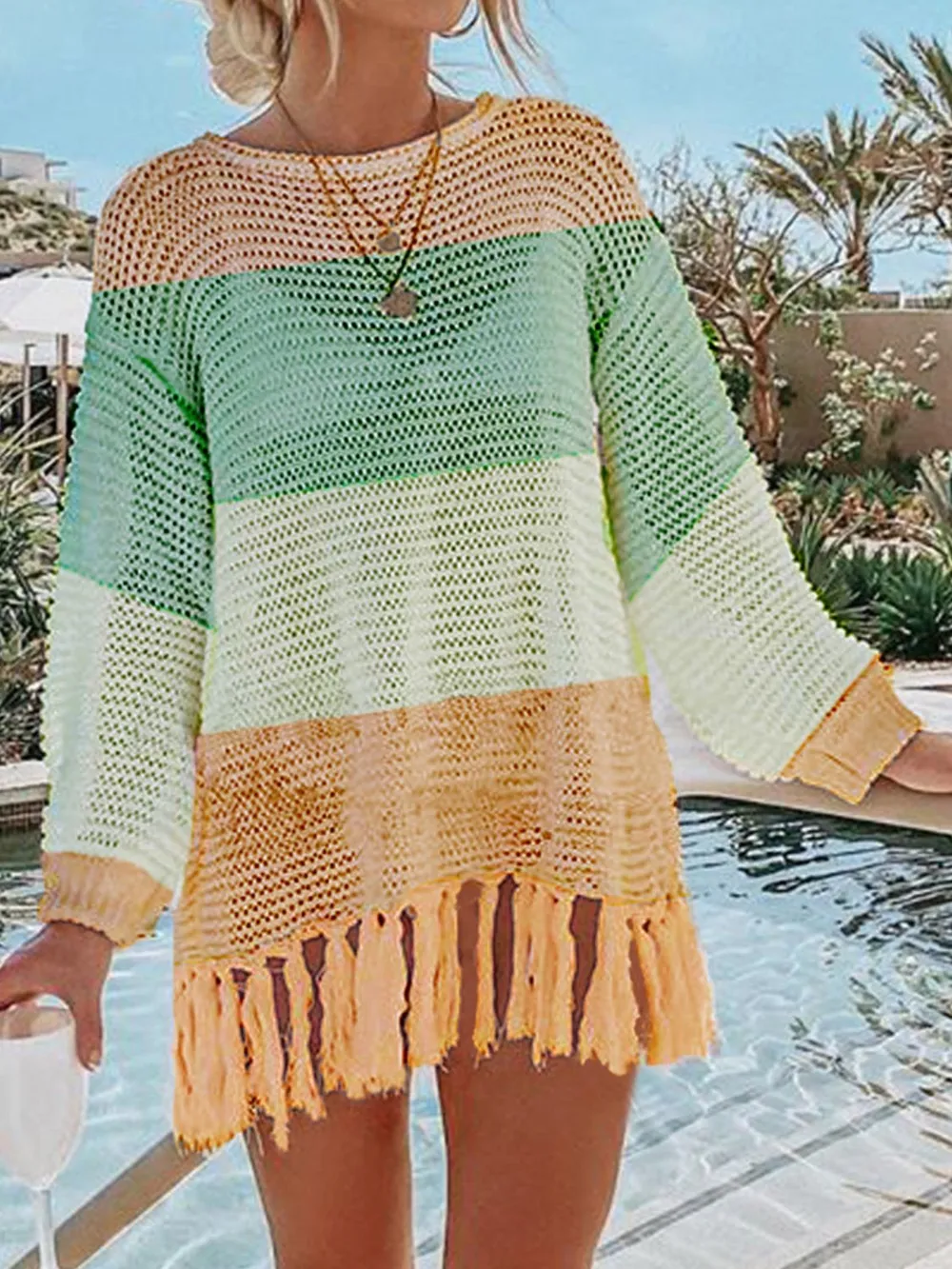 Openwork Tassel Hem Long Sleeve Knit Cover Up, image 5