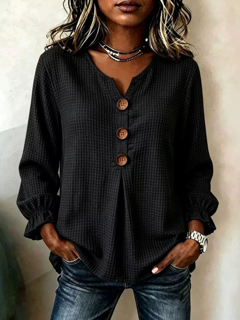 Full Size Waffle Knit Flounce Sleeve Blouse Plus Size