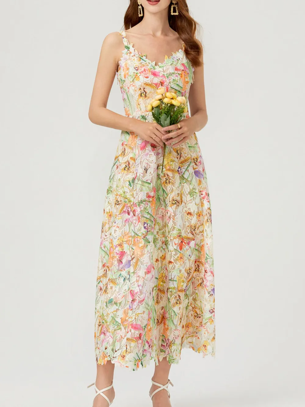 Floral Lace Sleeveless V-Neck Midi Dress, image 4
