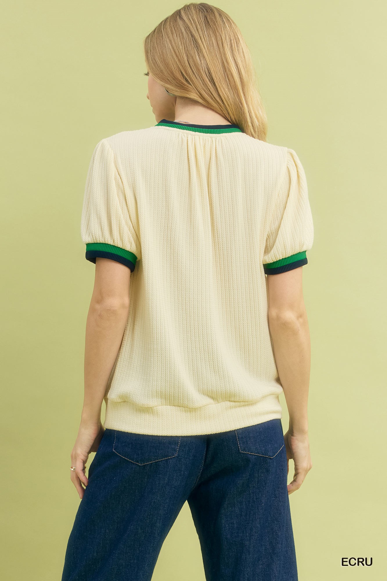 Puff Sleeve Knit Top with Contrast Rib Trim, image 2