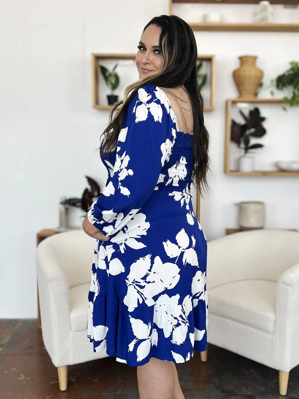 Full Size Floral Ruffle Hem Smocked Dress with Pockets, image 2