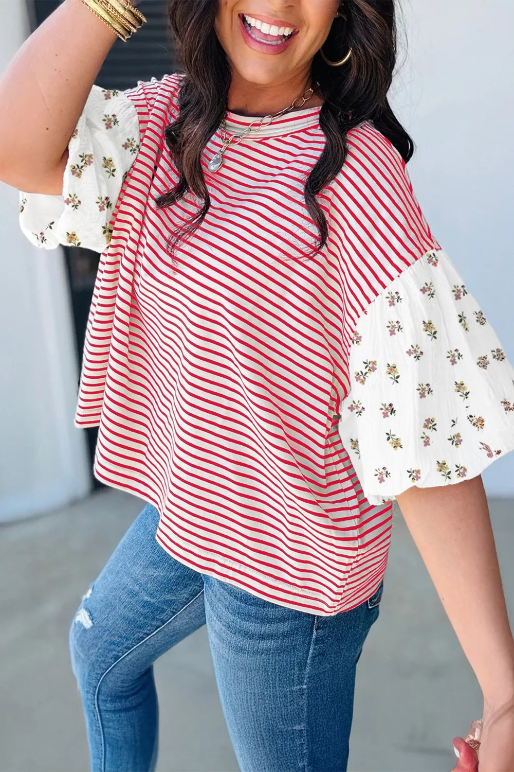 Stripe Floral Puff Sleeve Patchwork Round Neck Loose Top