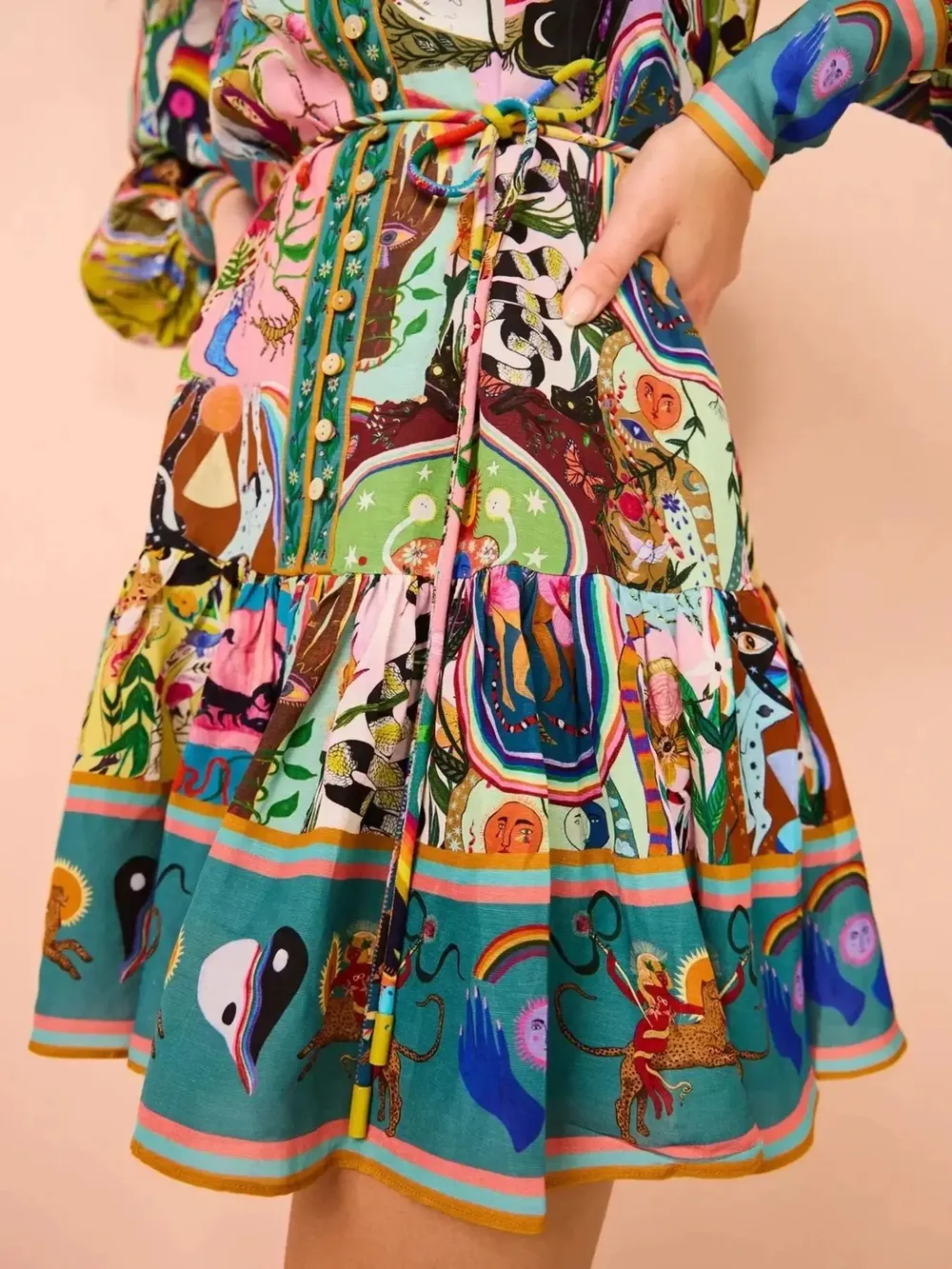 Printed Long Sleeve Mini Dress with Belt, image 2