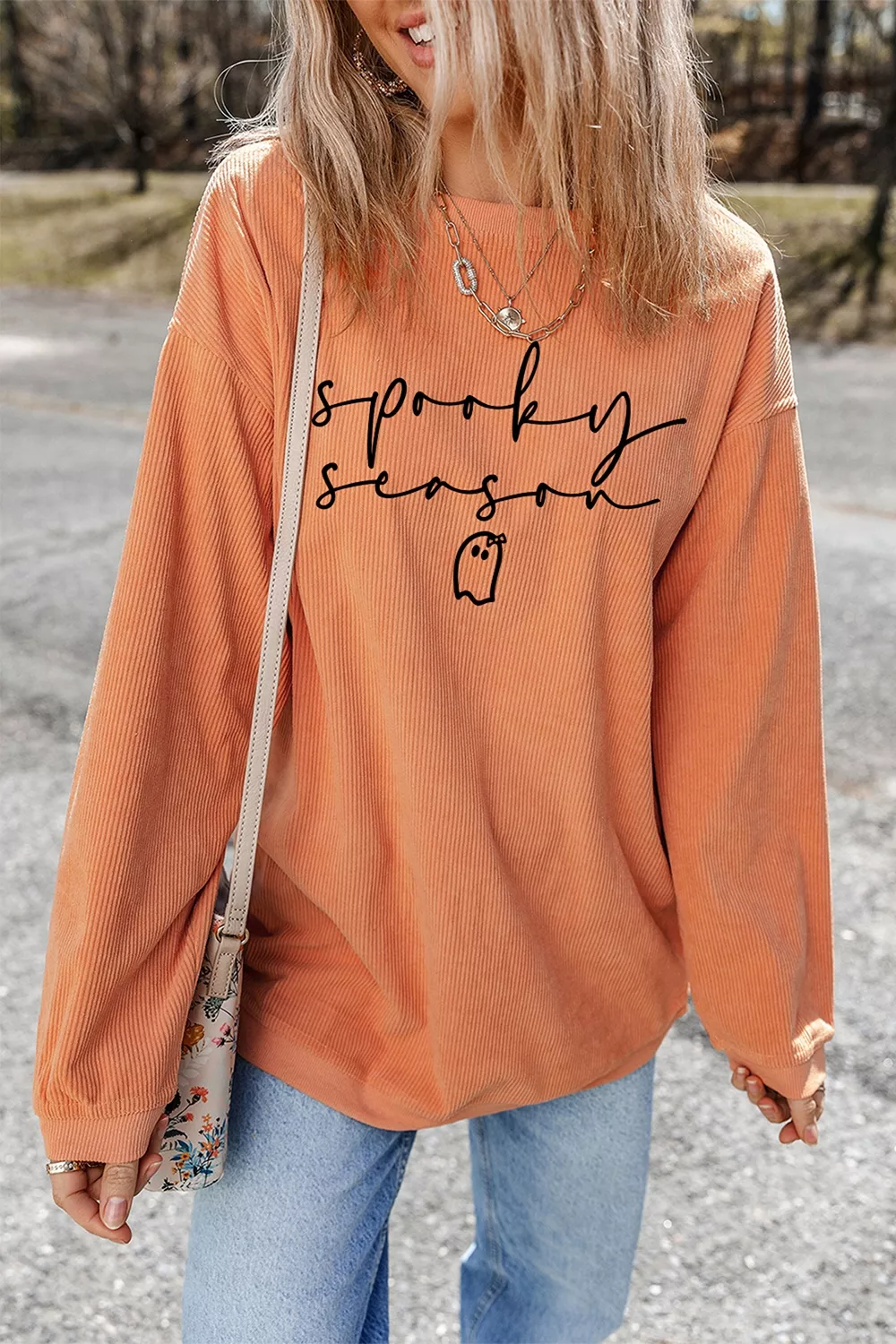 Spooky Season Ghost Letter Cozy Ribbed Pullover Sweatshirt, image 2